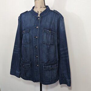 NWOT TALBOTS Band Collar Jacket Denim Button Blue Pockets Plus Size 2X